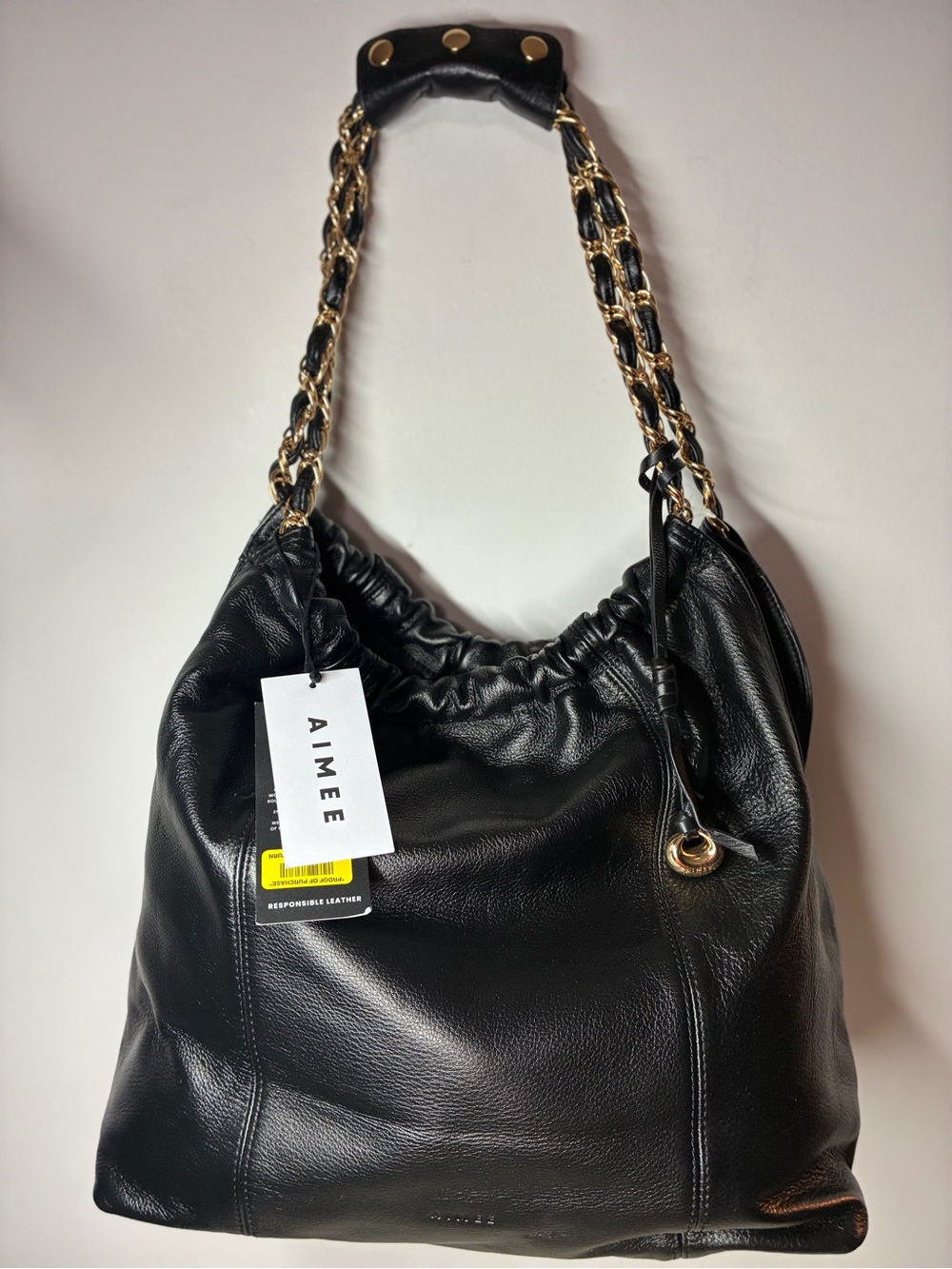 Aimee Black Leather Shoulder Bag with Gold Chain Strap